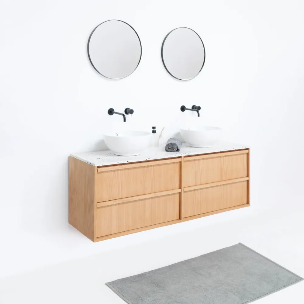 Mueble de baño escandinavo de roble Fien - Lavabos Alexis I - Placa superior de terrazo blanco - 150 cm
