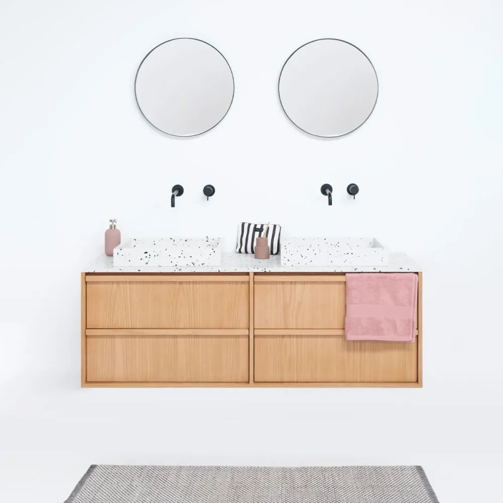 Mueble de baño Fien Roble - Lavabo y plato de terrazo - 150 cm