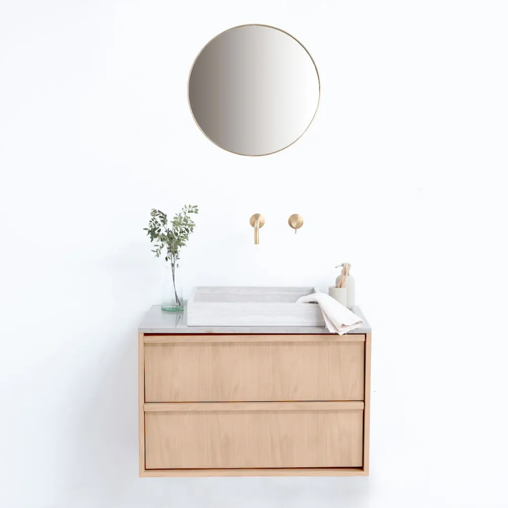 Mueble de baño Fien Roble - Lavabo y plato de lavado de chapa de mármol - 80 cm