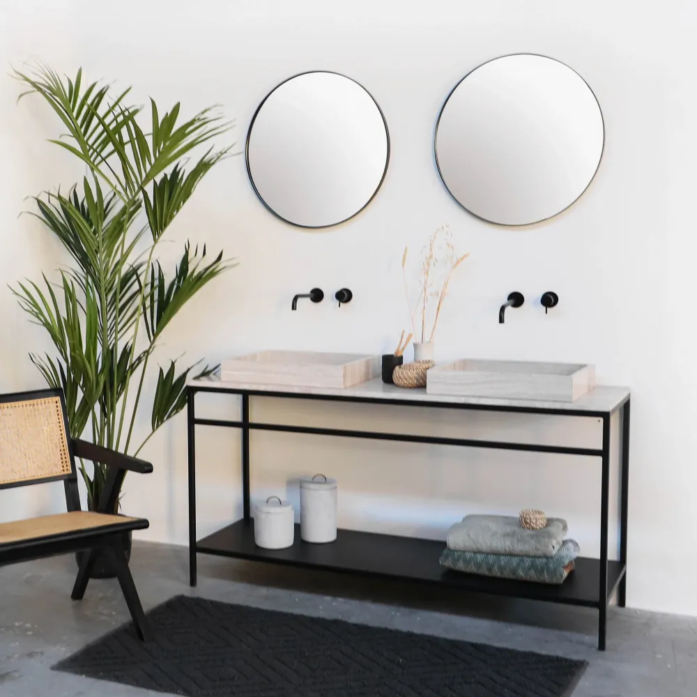 Mueble de baño industrial - Estructura de acero negro - Mármol beige (150 cm) - Jules