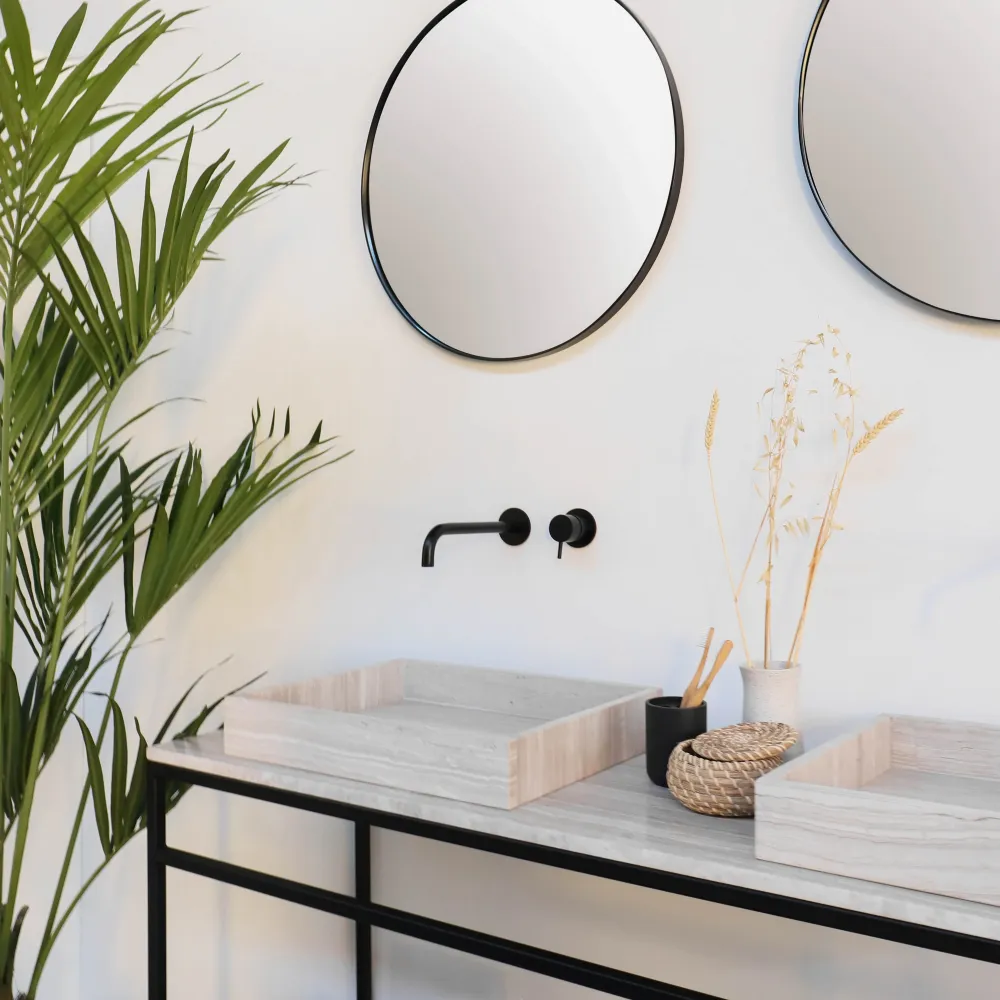 Mueble de baño industrial - Estructura de acero negro - Mármol beige (150 cm) - Jules