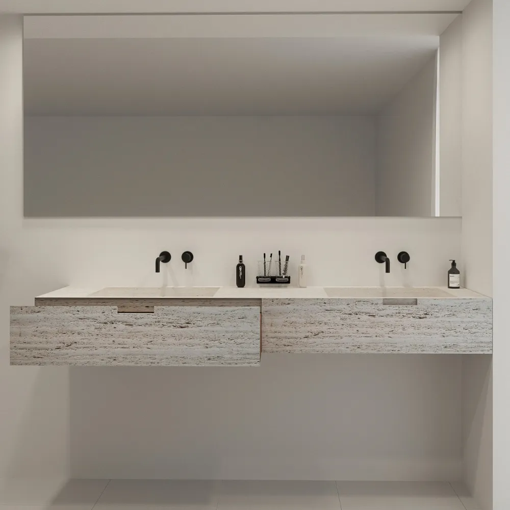 Mueble de baño Loudun con lavabo doble - Travertino blanco - 210 cm