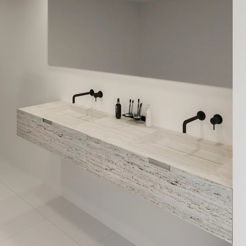 Mueble de baño Loudun con lavabo doble - Travertino blanco - 210 cm