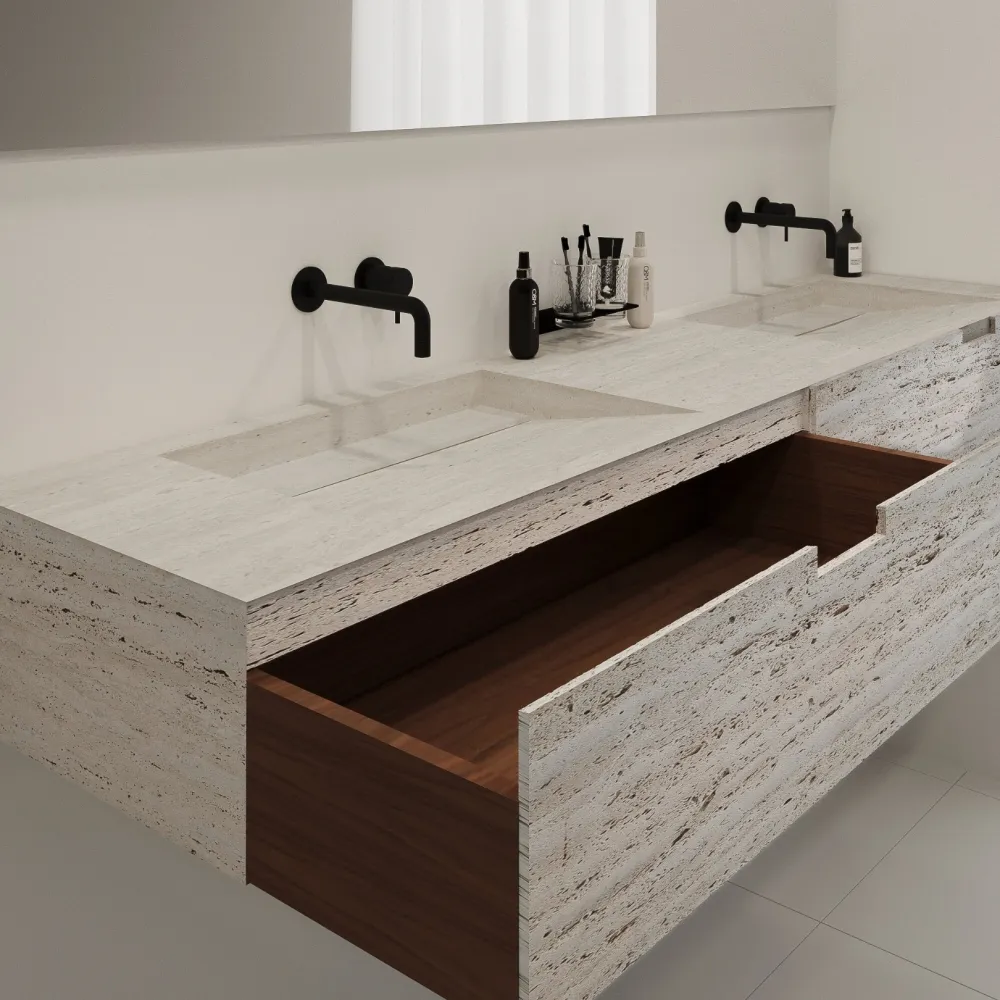 Mueble de baño Loudun con lavabo doble - Travertino blanco - 210 cm