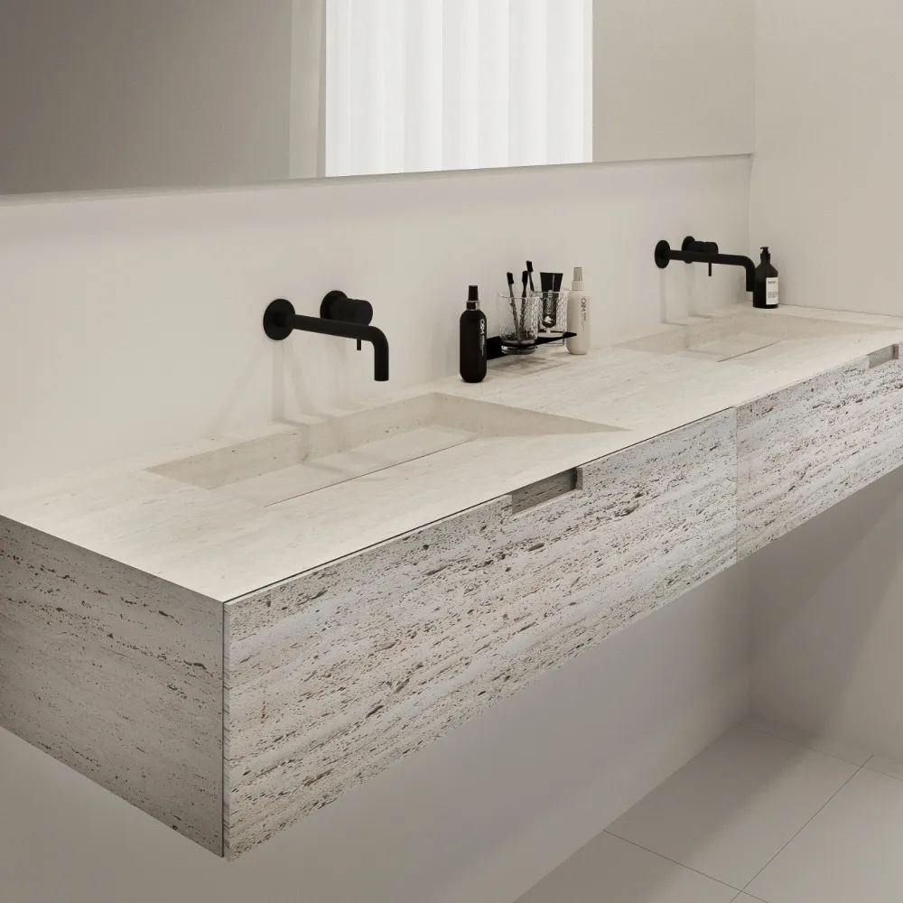 Mueble de baño Loudun con lavabo doble - Travertino blanco - 210 cm