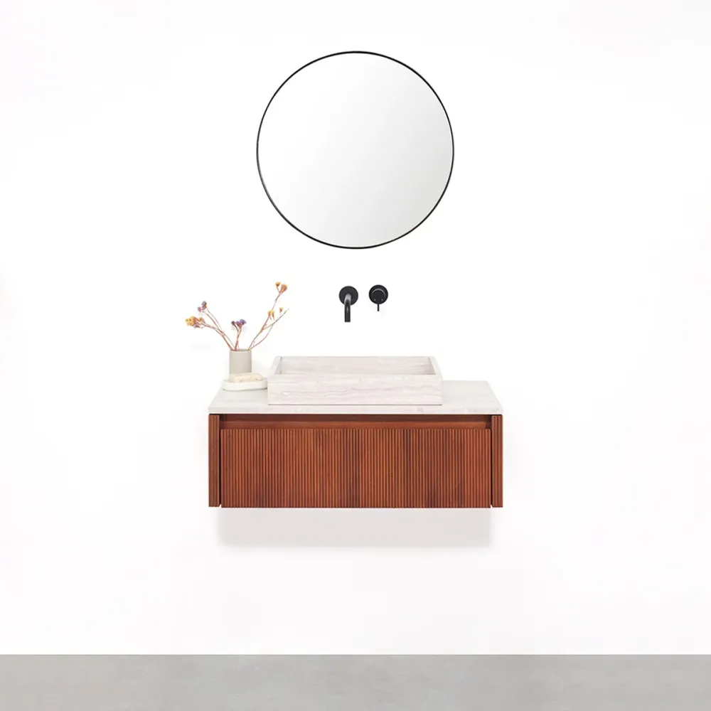 Mueble de baño Nogal - Ahun - George Beige Marble - Placa superior Marcel Mármol beige - 80 cm
