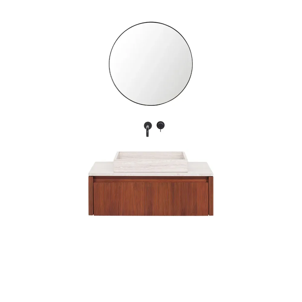 Mueble de baño Nogal - Ahun - George Beige Marble - Placa superior Marcel Mármol beige - 80 cm