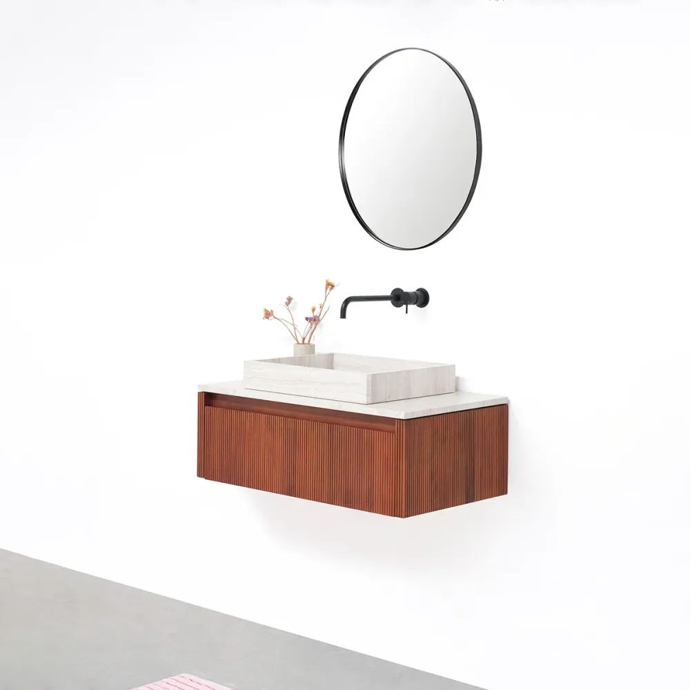 Mueble de baño Nogal - Ahun - George Beige Marble - Placa superior Marcel Mármol beige - 80 cm
