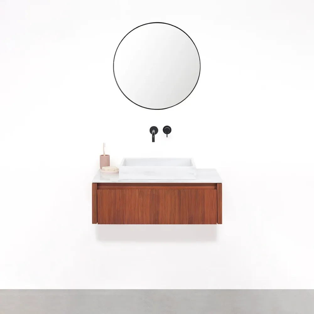 Mueble de baño Nogal - Ahun - George White Marble - Placa superior Marcel mármol blanco - 80 cm