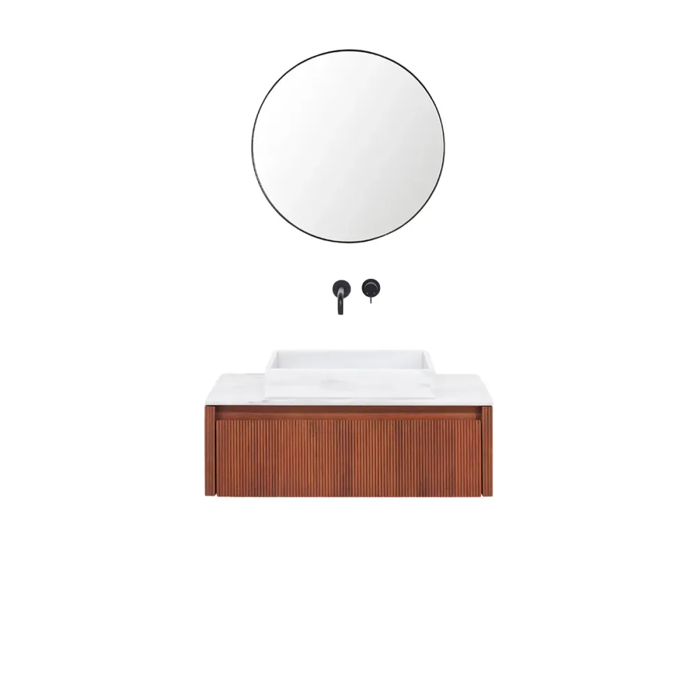 Mueble de baño Nogal - Ahun - George White Marble - Placa superior Marcel mármol blanco - 80 cm