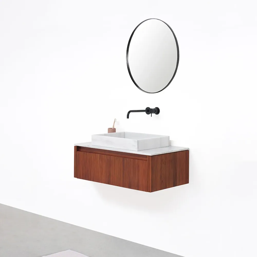 Mueble de baño Nogal - Ahun - George White Marble - Placa superior Marcel mármol blanco - 80 cm