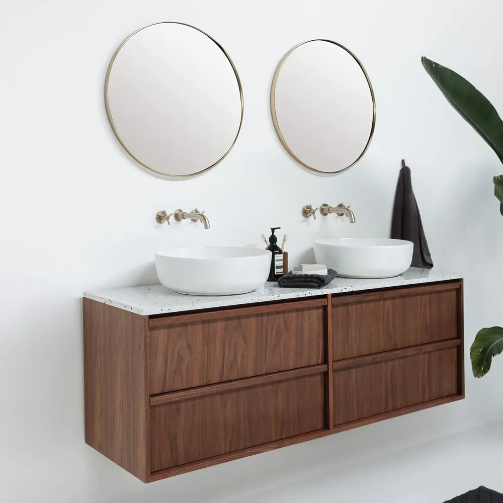 Mueble de baño de nogal con Terrazzo Fien - 150 cm - Lavabos de porcelana Alexis II