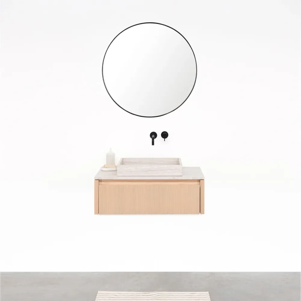 Mueble de baño Roble - Ahun - George Mármol Beige - Placa superior Marcel Mármol Beige - 80 cm