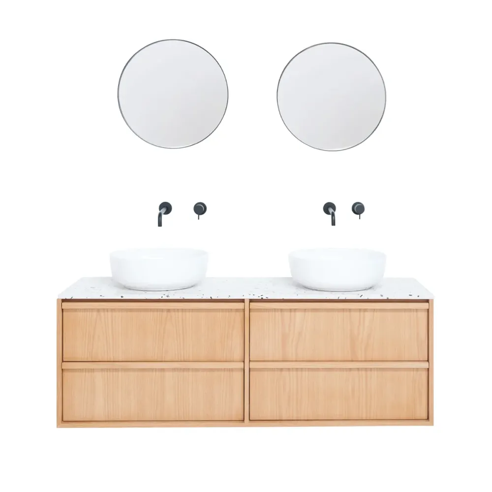 Mueble de baño Roble Fien - Alexis II - Placa superior de terrazo blanco - 150 cm