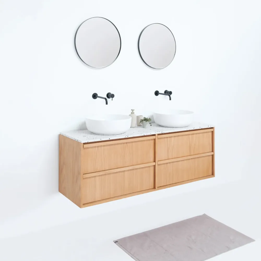 Mueble de baño Roble Fien - Alexis II - Placa superior de terrazo blanco - 150 cm