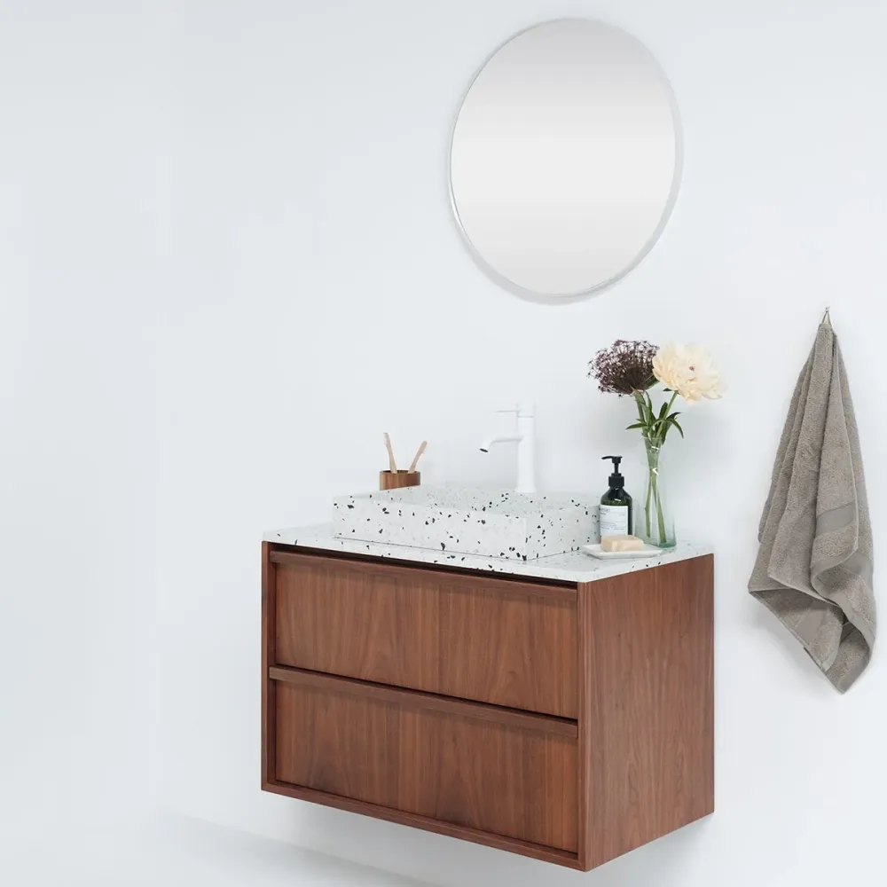 Mueble de baño vintage nogal - Fien - Terrazo blanco - 80 cm