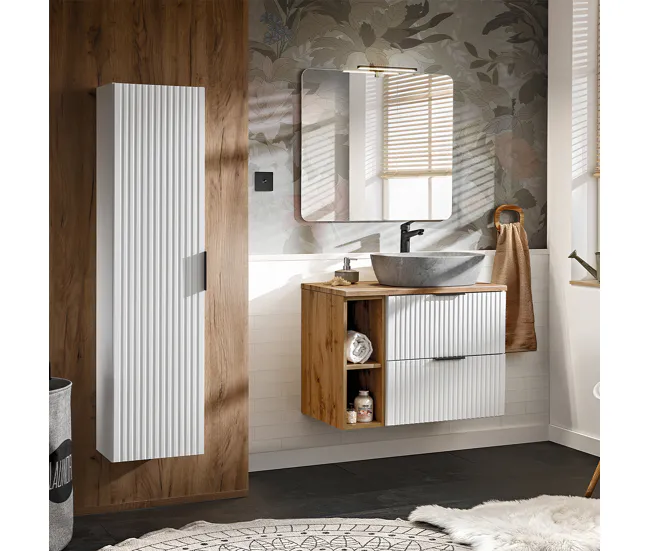 Mueble lavabo individual efecto piedra 80 cm 2 nichos Adriel blanco para Ahorrar Espacio