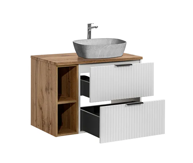 Mueble lavabo individual efecto piedra 80 cm 2 nichos Adriel blanco para Ahorrar Espacio