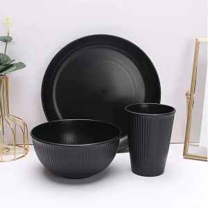 1 Juego de vajilla de alta calidad, negra rayas, Incluye plato, tazon y vaso, de plastico, 3 piezas Quierox - Tienda Online
