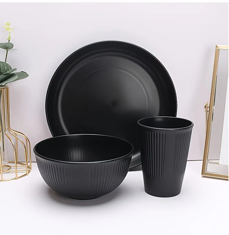 1 Juego de vajilla de alta calidad, negra rayas, Incluye plato, tazon y vaso, de plastico, 3 piezas Quierox - Tienda Online