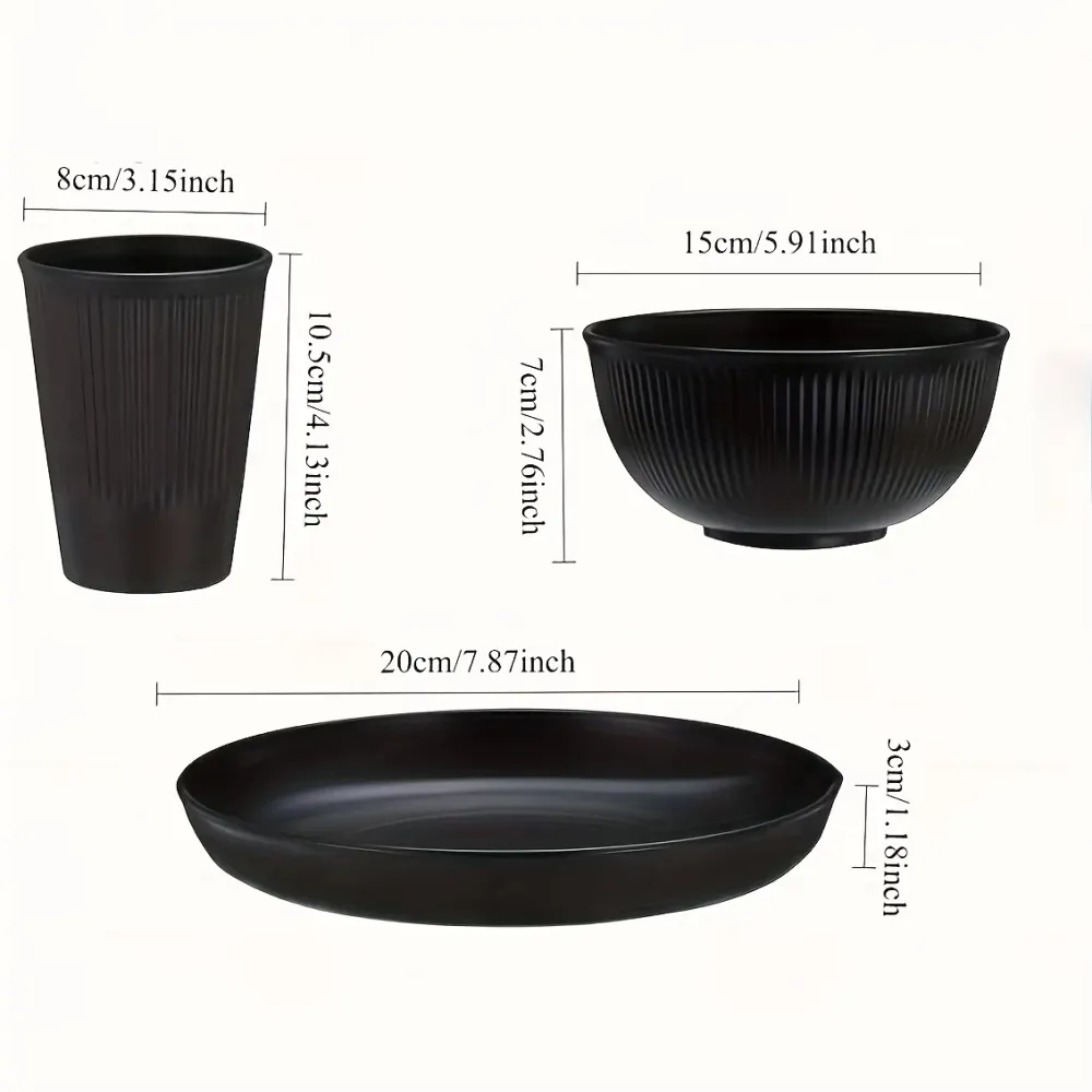 1 Juego de vajilla de alta calidad, negra rayas, Incluye plato, tazon y vaso, de plastico, 3 piezas Quierox - Tienda Online