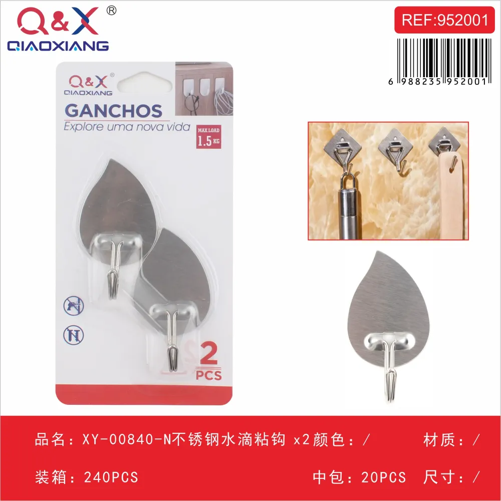 Ganchos adhesivos acero inoxidable forma gota pack 2 unidades modelo XY-00840-N Q&X