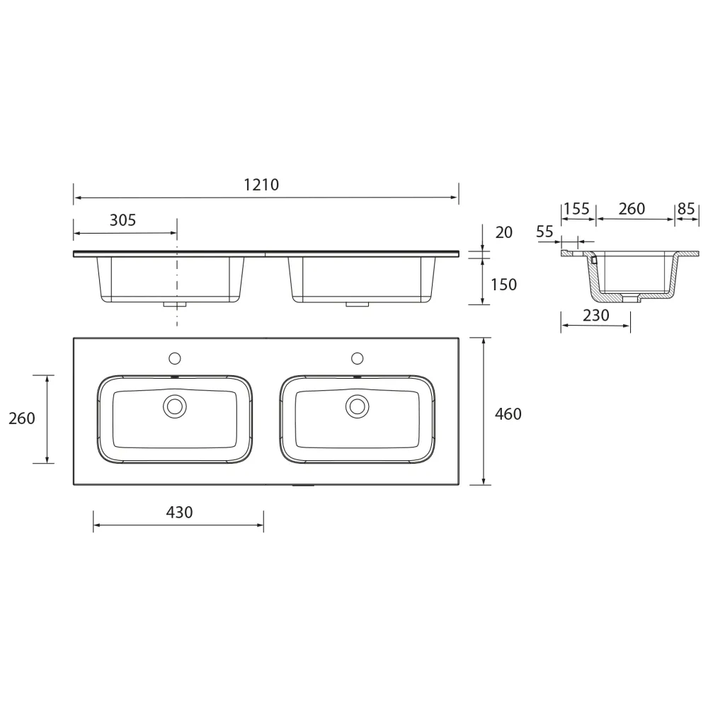 Lavabo Doble Poza CONSTANZA 121 cm. Blanco Brillo SALGAR