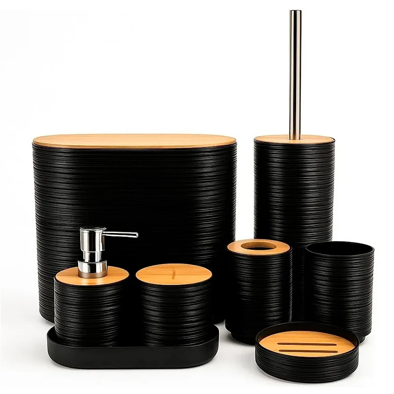 Set De 8 Accesorios Para Baño Con Tapa De Bambu Papelera Wc Gris