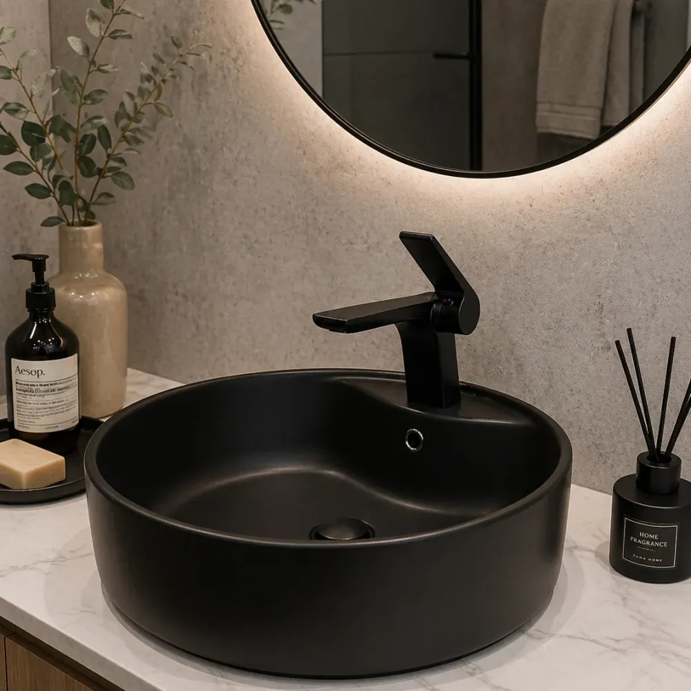 Grifo monomando bajo para lavamanos Minimalista en acero inoxidable negro - Doble temperatura Sirena