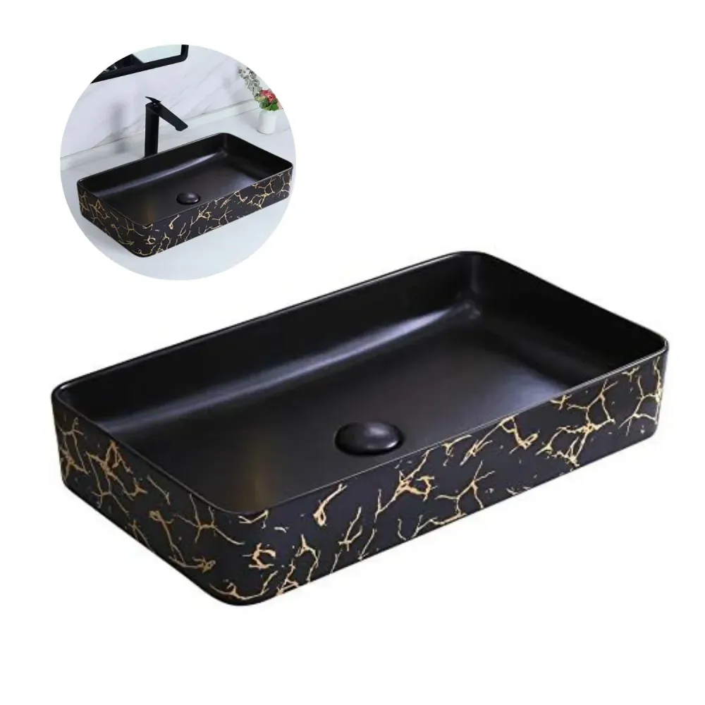 Lavamanos Sobreponer Thunder Negro Mate con Vetado Dorado - 41x31x12 cm - Diseño Rectangular Moderno SMART