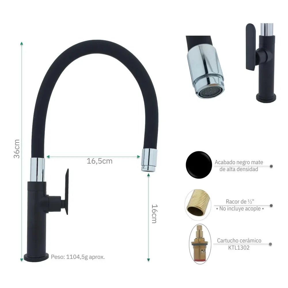 Llave Lavaplatos de Agua Frí con Cuello Flexible Dirigible - Negro Mate y Cromo SMART