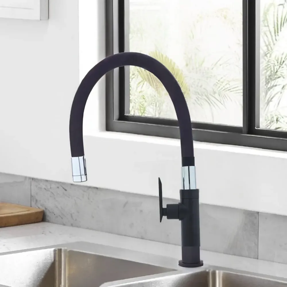 Llave Lavaplatos de Agua Frí con Cuello Flexible Dirigible - Negro Mate y Cromo SMART