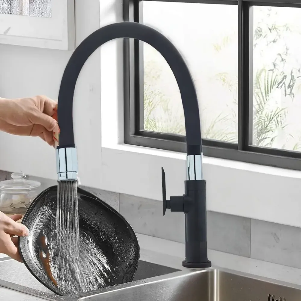 Llave Lavaplatos de Agua Frí con Cuello Flexible Dirigible - Negro Mate y Cromo SMART