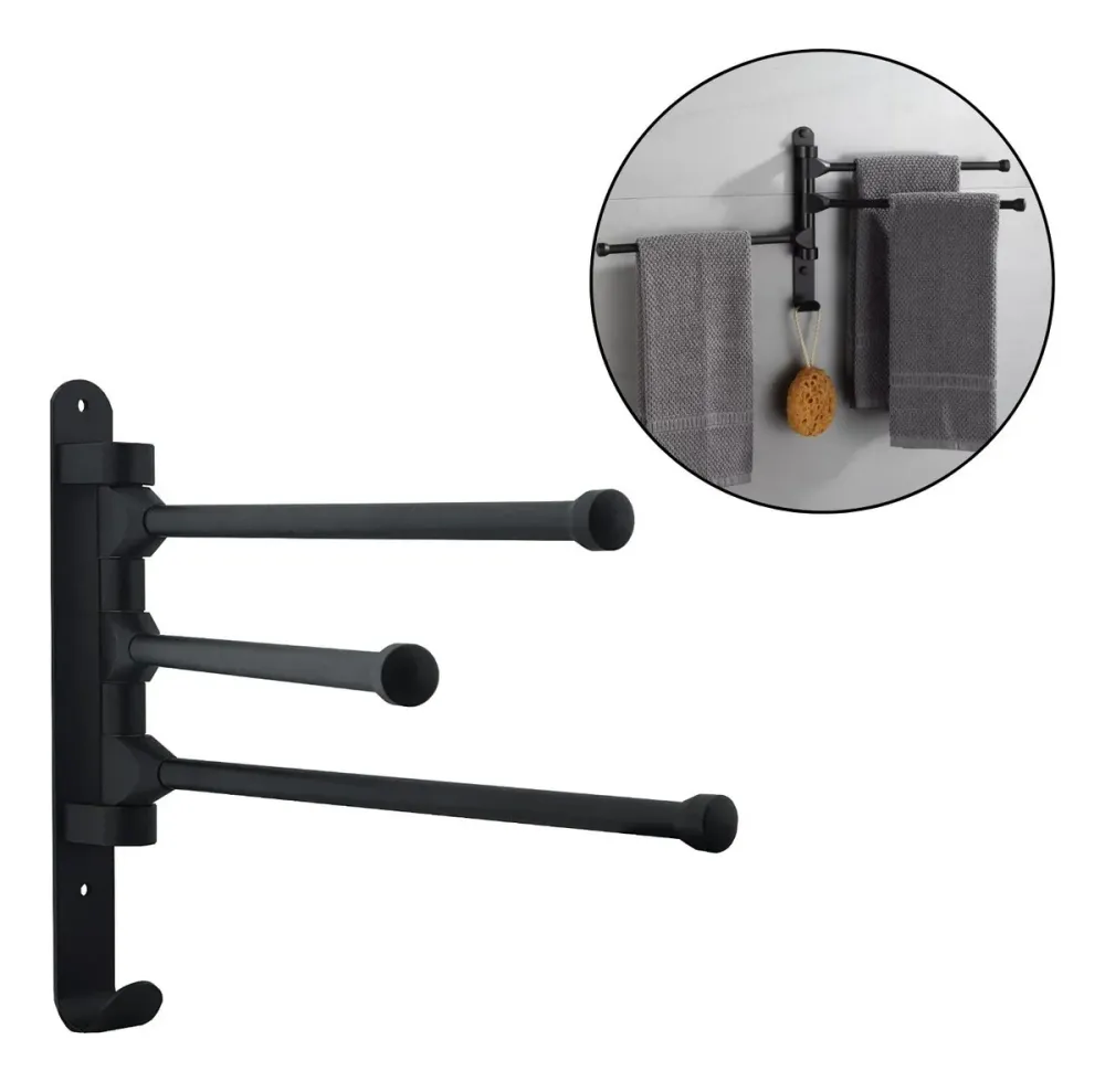Toallero Giratorio 3 Barras Plegable 180° Negro, Aluminio Mate SMART
