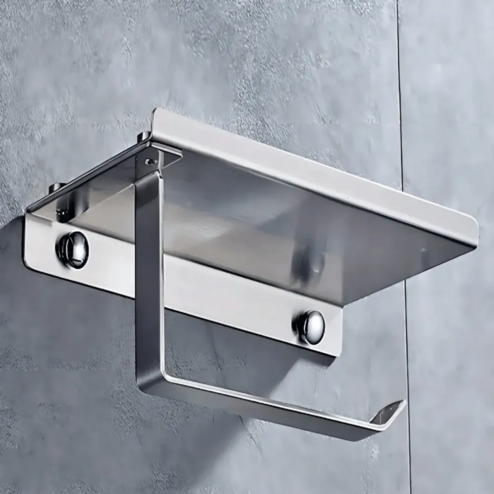 Soporte Porta Rollo Papel Higiénico Estante Soporte Celular Integrado Plateado