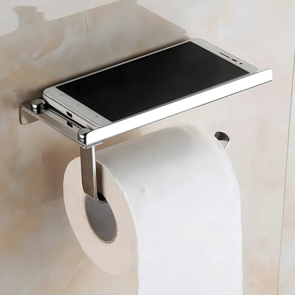 Soporte Porta Rollo Papel Higiénico Estante Soporte Celular Integrado Plateado