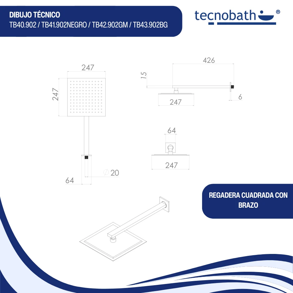 Regadera Cuadrada, Incluye Brazo de 40cm "Row" Brushed Gold Tecnobath