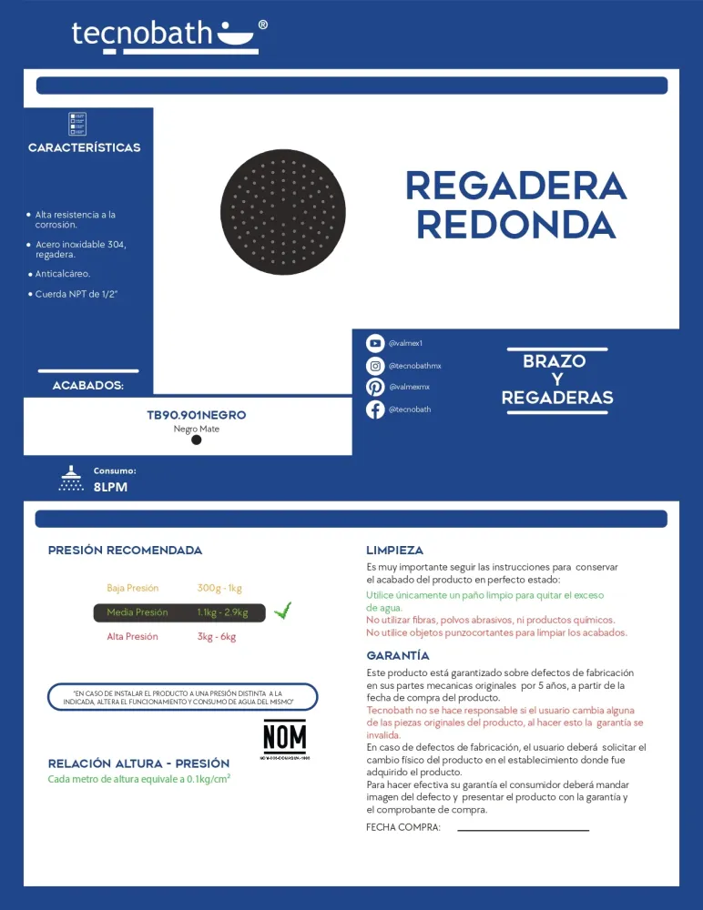REGADERA REDONDA TB90.901 NEGRO TECNOBATH