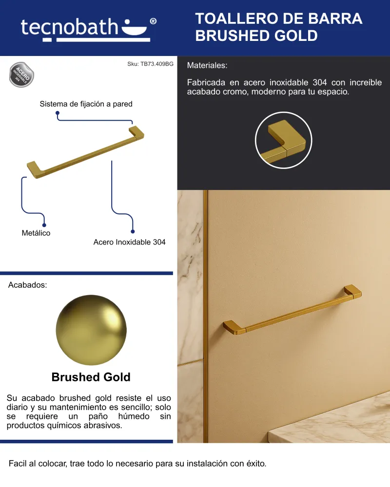 Toallero De Barra De 60cm Brushed Gold Tecnobath