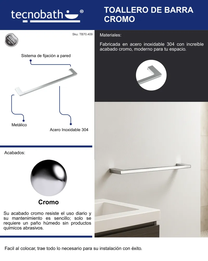 Toallero De Barra De 60cm Cromo Tecnobath