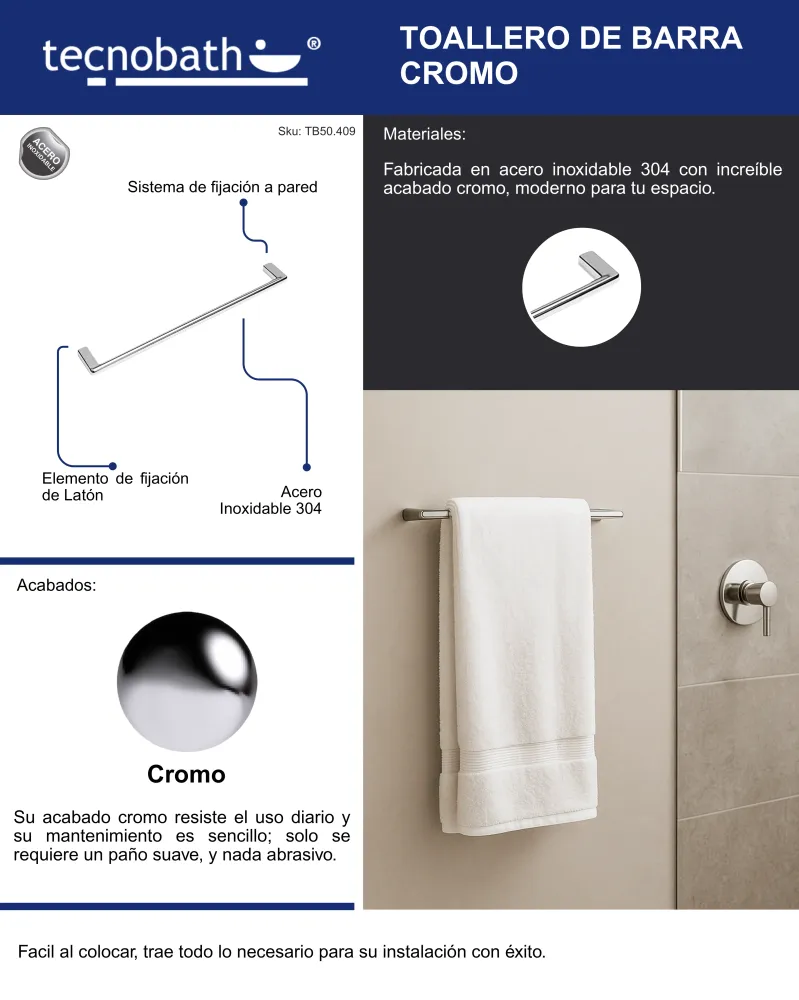Toallero De Barra 60cm Cromo Tecnobath