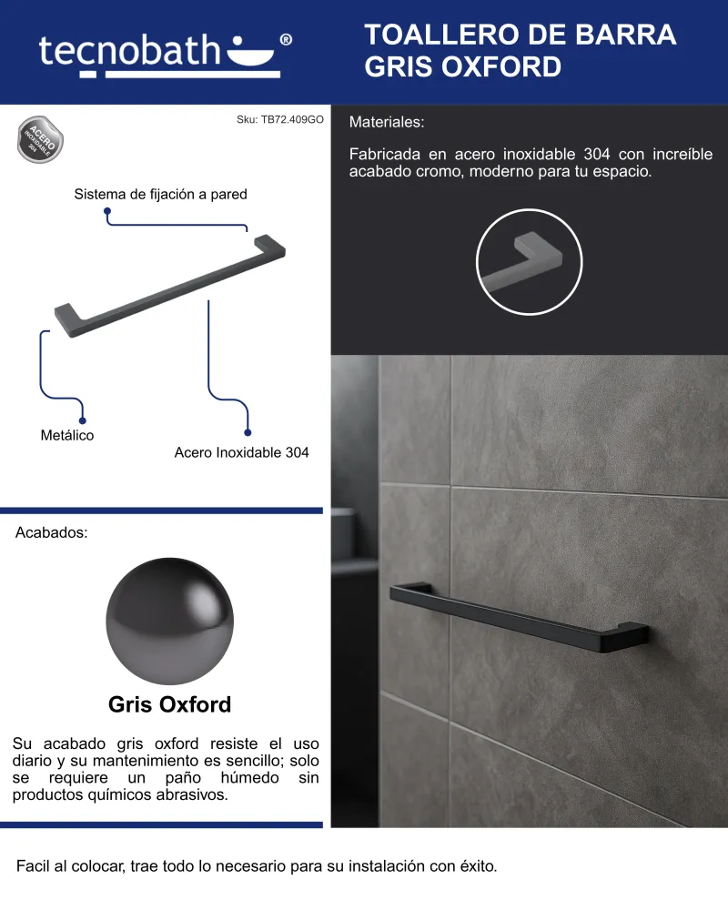 Toallero De Barra De 60cm Gris Oxford Tecnobath