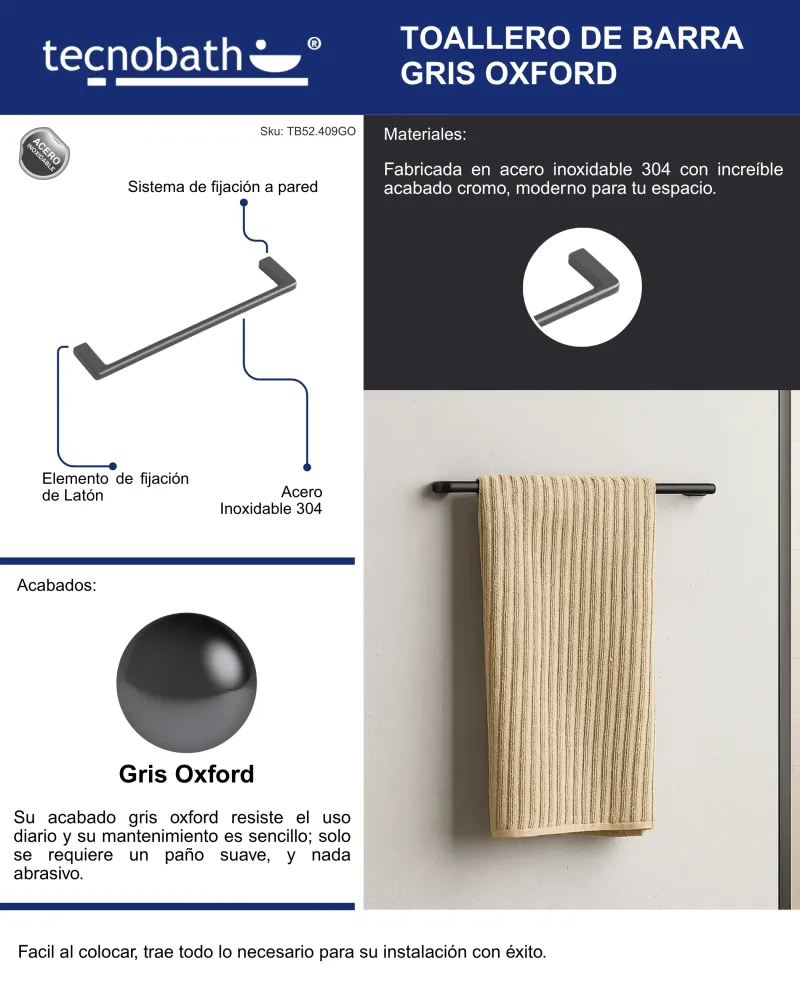 Toallero De Barra 60cm Gris Oxford Tecnobath