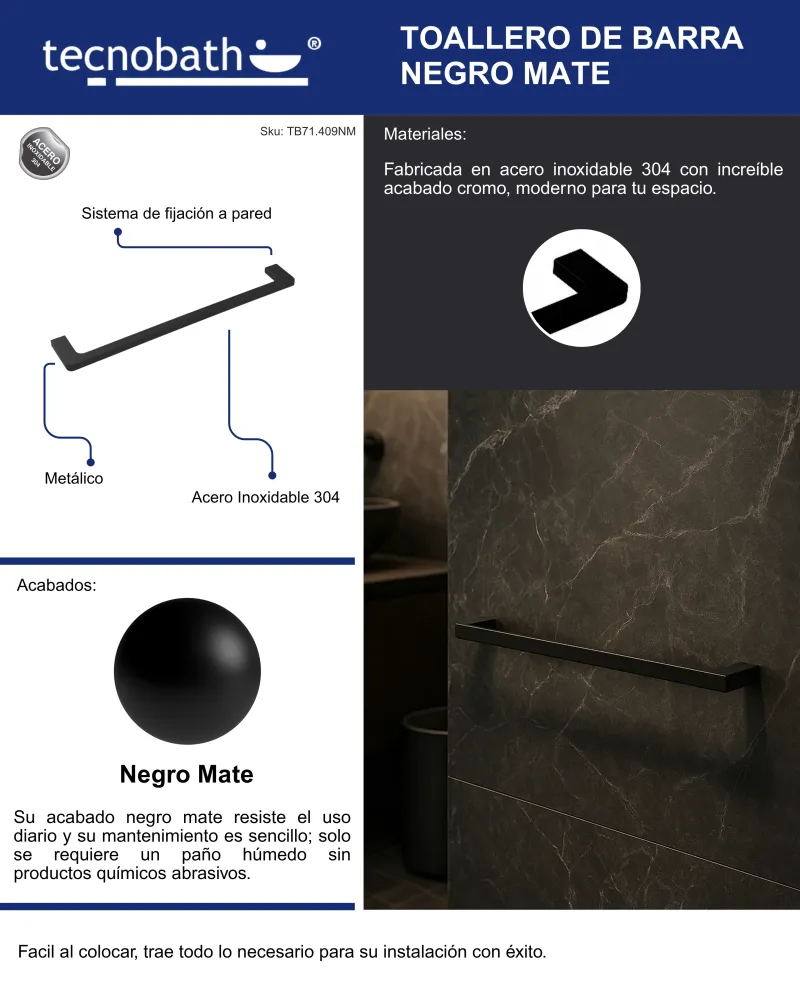 Toallero De Barra De 60cm Negro Mate Tecnobath