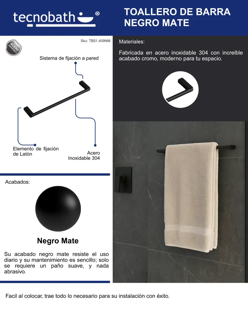 Toallero De Barra 60cm Negro Mate Tecnobath
