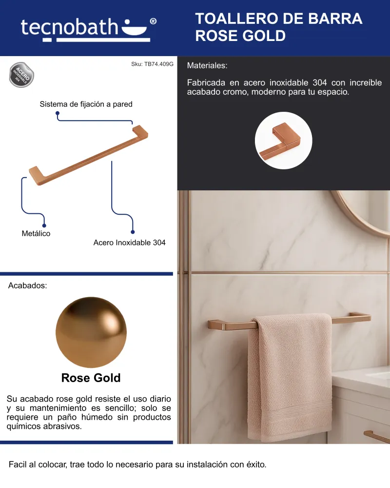 Toallero De Barra De 60cm Rose Gold Tecnobath