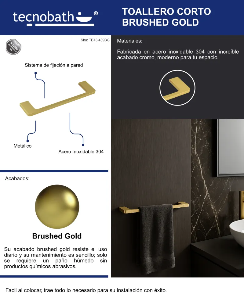 Toallero Corto 40cm Para Lavabo Brushed Gold Tecnobath
