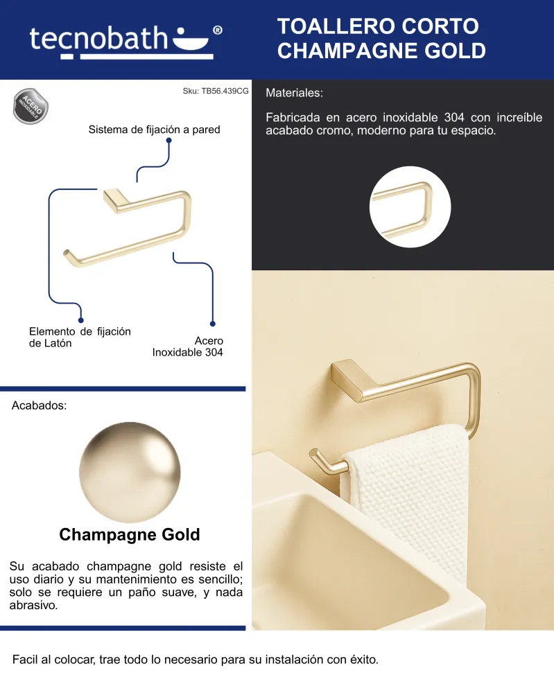 Toallero Corto 40cm Para Lavabo Champagne Gold Tecnobath