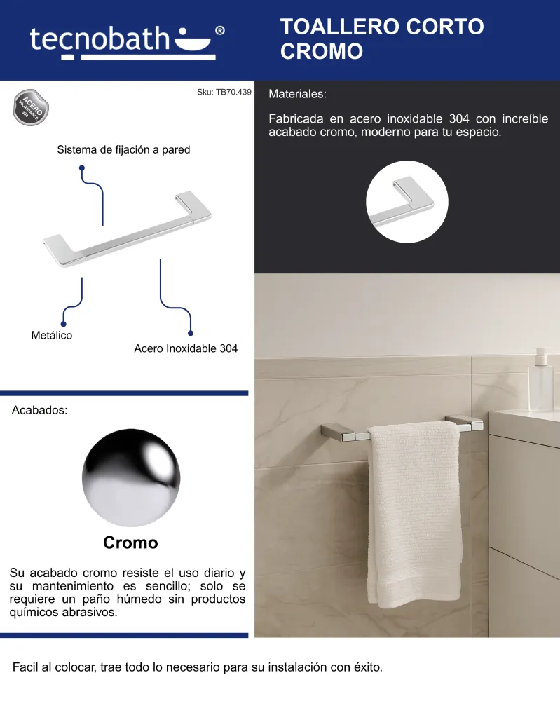 Toallero Corto 40cm Para Lavabo Cromo Tecnobath