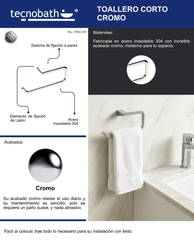 Toallero Corto 40cm Para Lavabo Cromo Tecnobath